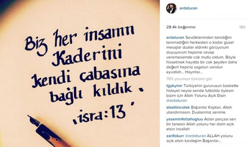 Arda Turan instagram hesabından ayet paylaştı