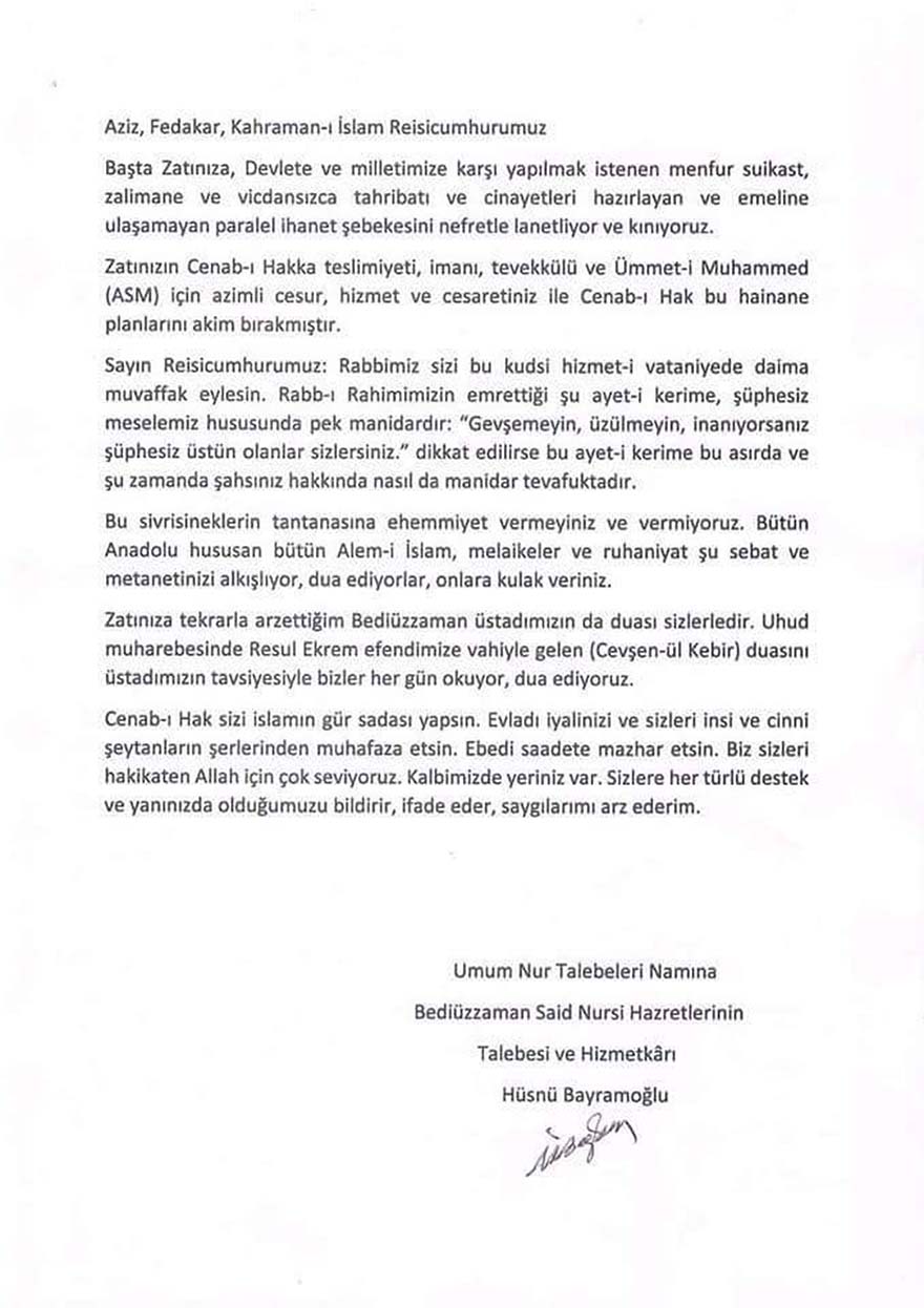 Cumhurbaşkanı Recep Tayyip Erdoğan'a Hüsnü Bayram Ağabeyin Mektubu